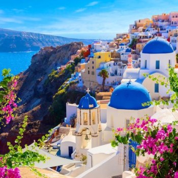 Santorini View with Flowers, Greece